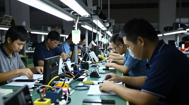 The High Cost of Inefficiency in Electronics Manufacturing A busy, somewhat chaotic electronics assembly line with cluttered workstations and loose components, depicting industrial inefficiency.
