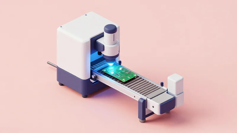 Optimizing Workflow: The Role of Automated Optical Inspection (AOI) Abstract 3D rendering of an automated optical inspection machine hovering over a circuit board with digital detection zones.