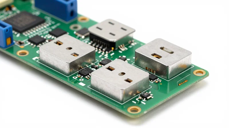 Mitigating Electromagnetic Interference (EMI) and Noise Detailed view of metal EMI shielding cans placed over sensitive electronic components on a PCB.