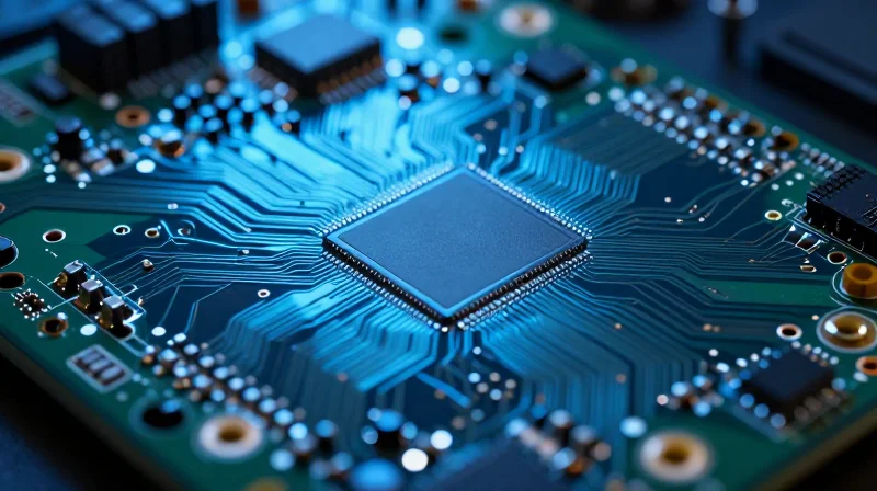Understanding the Impact of PCB Quality on Battery Longevity A close-up of a high-tech green circuit board showing detailed traces and micro-components with a soft glowing energy efficiency aura.