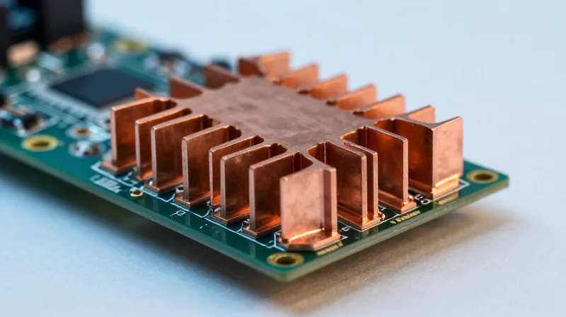 Close-up of a high-tech printed circuit board with metallic heat sinks and thermal dissipation flow