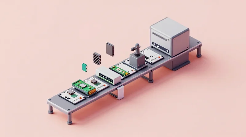 Supply Chain and Manufacturing Overhead Optimization Isometric view of a streamlined high-density manufacturing system