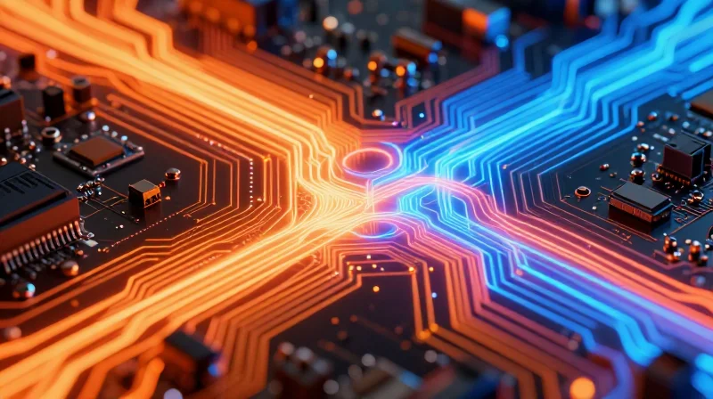 Understanding the Physics of High-Power Assemblies Abstract visualization of thermal energy dissipation and electron flow on a circuit board surface