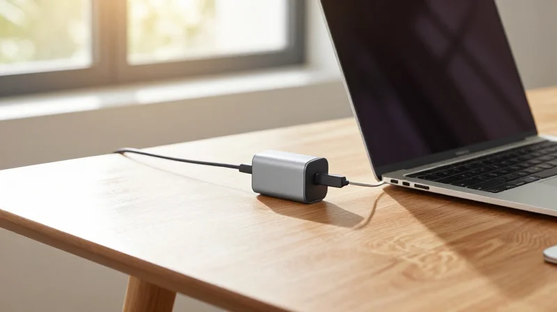 The Impact on Consumer Experience and Market Competitiveness A person using a sleek, compact charger in a modern, organized travel lifestyle setting.