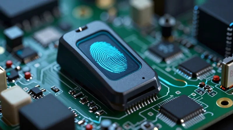 Close-up of a high-tech biometric sensor interface on a compact circuit board.