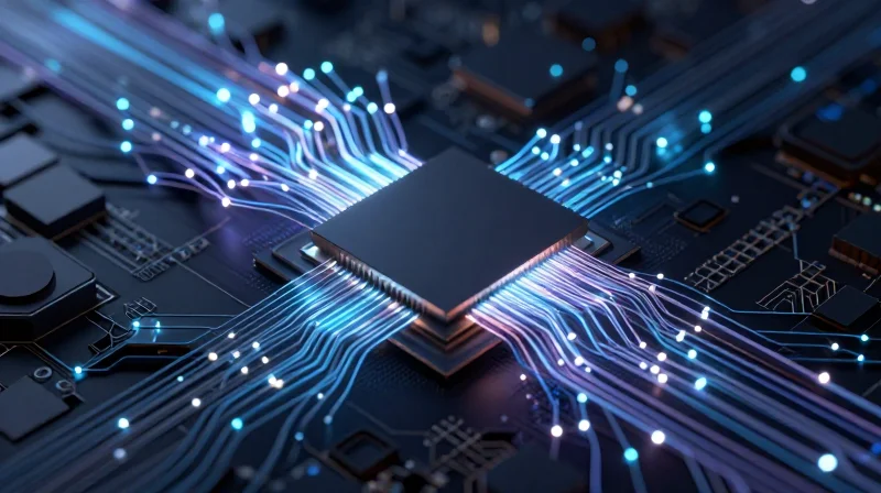 Abstract representation of high-speed data routing in a dense electronic assembly.