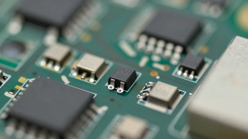 Micro-view of tiny SMT components on a circuit board surface.