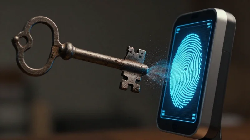 A rusted antique metal key fading out while a glowing digital biometric sensor fades in, symbolizing the transition of security technology.
