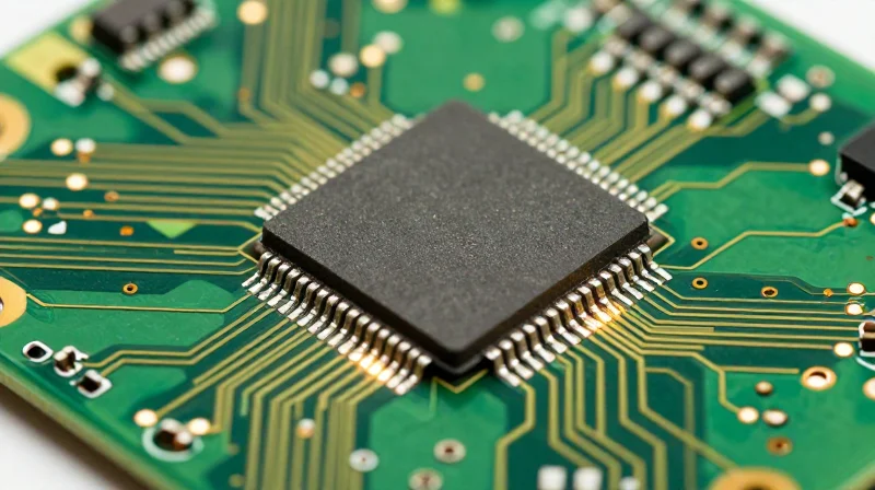 A close-up view of a high-tech printed circuit board with an integrated biometric chip glowing.