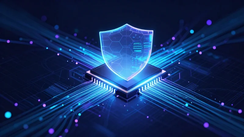 Abstract representation of data encryption and security at the edge of a chip.