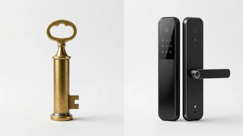 Side-by-side comparison of a traditional key lock and a modern biometric smart lock.