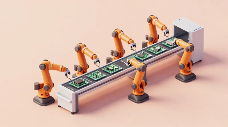 Isometric view of a automated assembly line for miniature components.