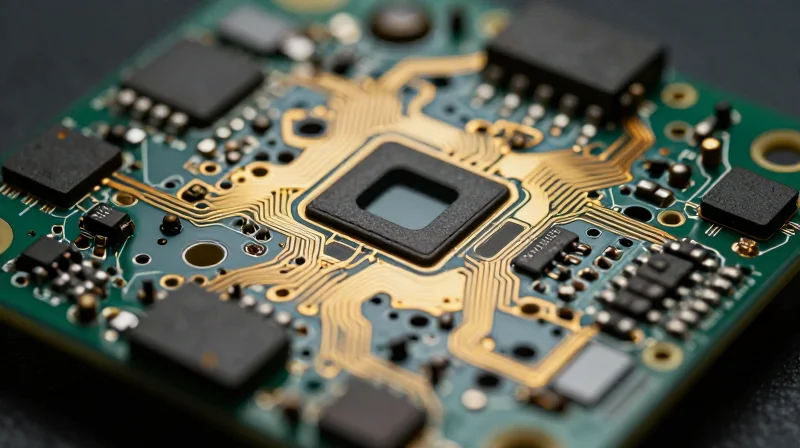 Extreme close-up of a complex micro circuit board.