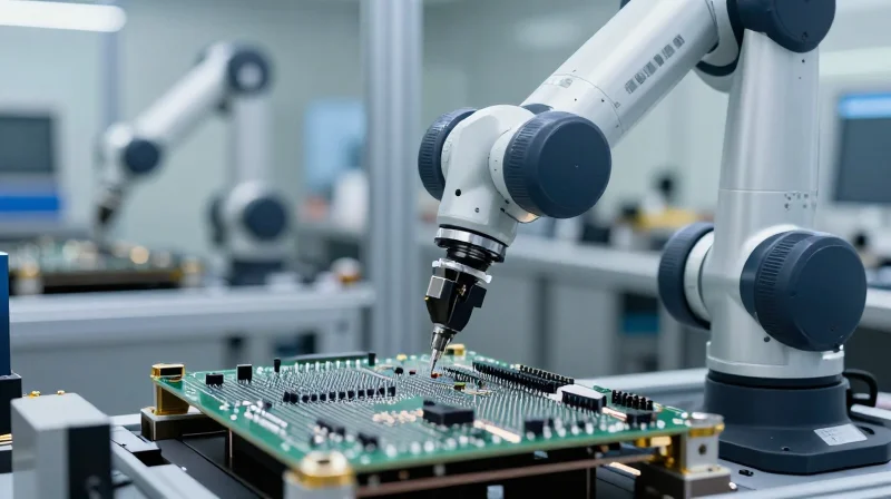 Streamlining Assembly: Reducing Time-to-Market A robotic arm placing components on a high-density PCB