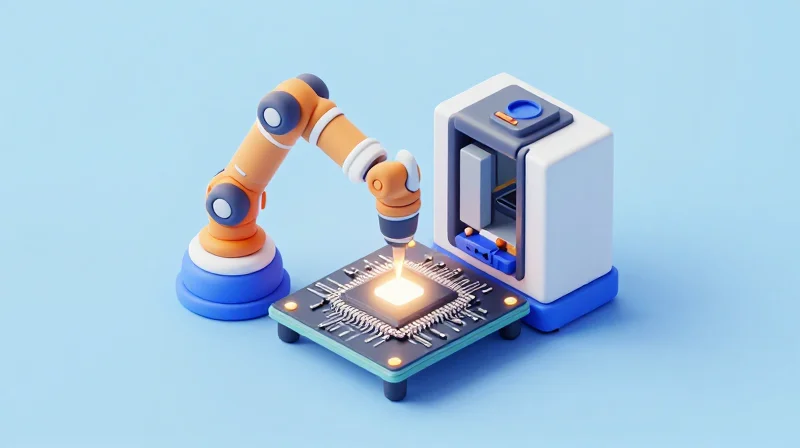 Precision Component Placement and SMT Yield Isometric view of automated robotic assembly for micro components.