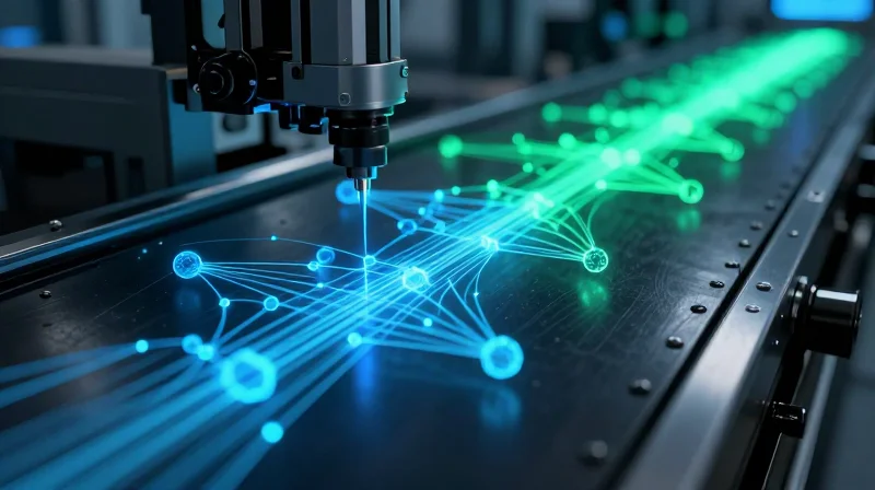 Reducing Manufacturing Waste Through Smart Automation Conceptual visualization of digital data flow and precision inspection nodes in a factory.