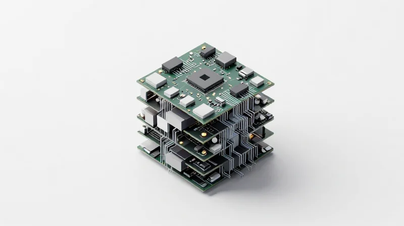 Miniaturization Challenges in PCB Design Abstract 3D representation of dense electronic circuit board miniaturization with complex layered components.