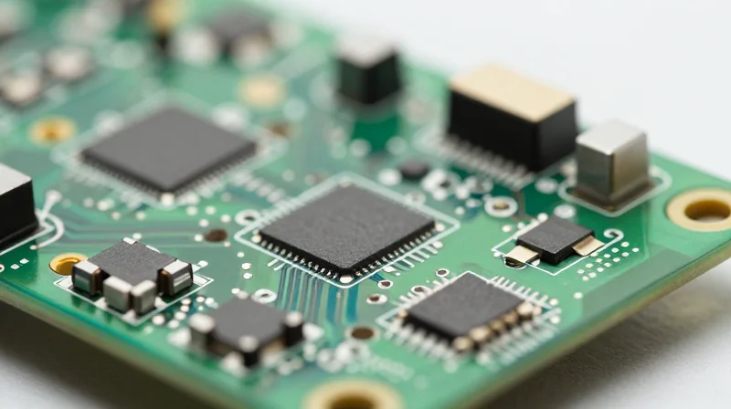 Anatomy of a High-Precision PCBA Solution A close-up of a high-tech printed circuit board with glowing connectors and clean, professional soldering.