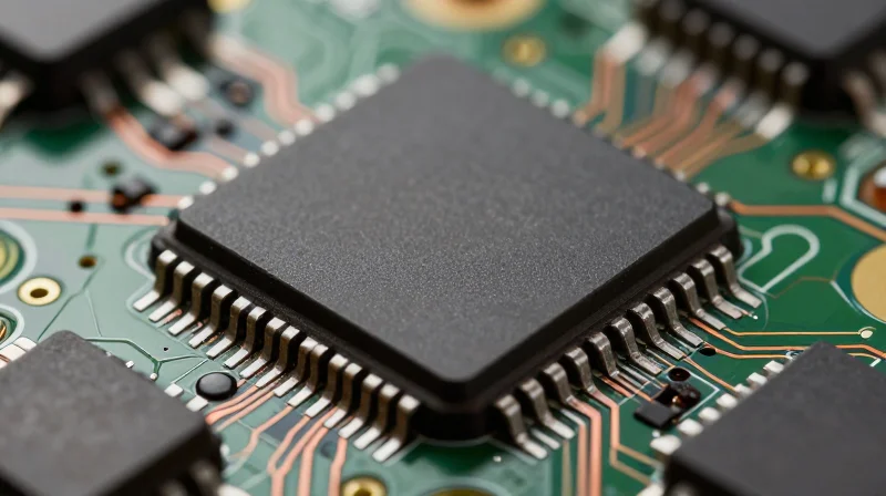 ADC Placement and Input Conditioning Macro view of a tiny ADC component on a PCB with clean traces.