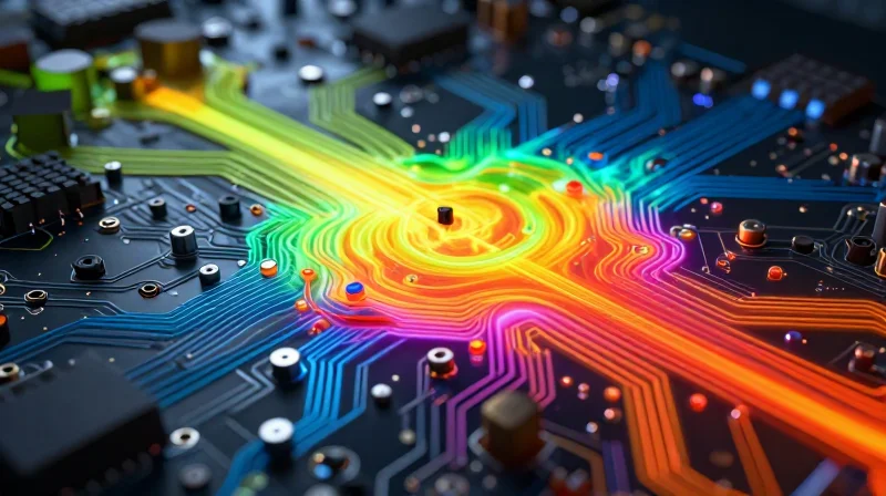Mitigating Thermal Gradients in PCBA Layout Abstract visualization of thermal management on a circuit board surface.