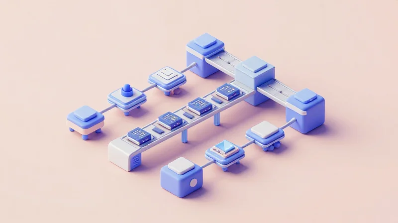 Isometric view of a unified manufacturing factory showing assembly and components