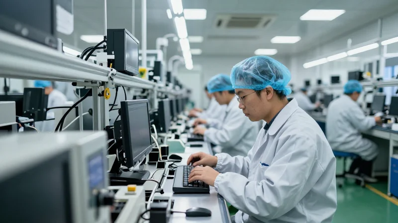 Documentary style wide shot of a modern clean-room electronics assembly floor