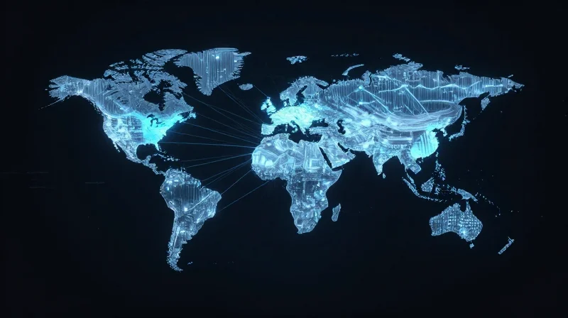 The Evolution of Modern Electronics Manufacturing A high-tech digital factory environment showing global connectivity and supply chain flows
