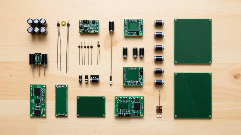 Defining Consigned Assembly: The Traditional Approach A flat lay of various electronic components and bare printed circuit boards organized on a clean workshop surface