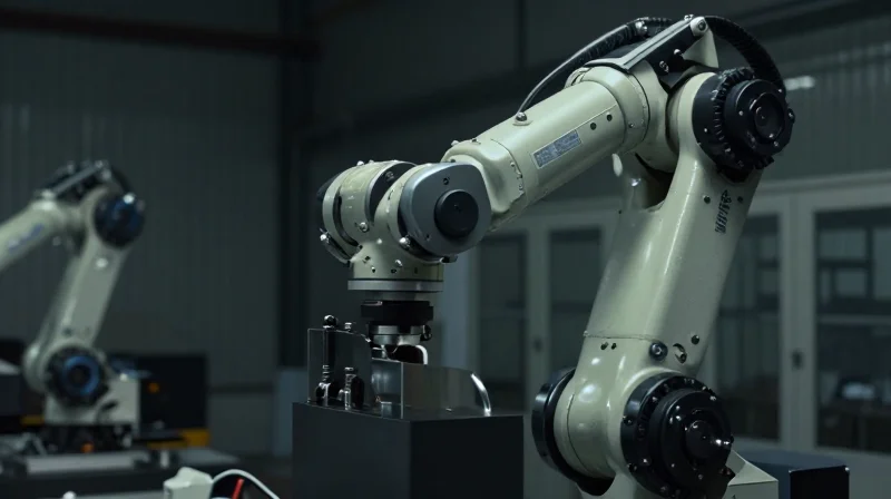 The Real Cost of Cheap Electronics in Automation A close-up of a damaged industrial robotic arm in a darkened factory, highlighting the cost of equipment failure.