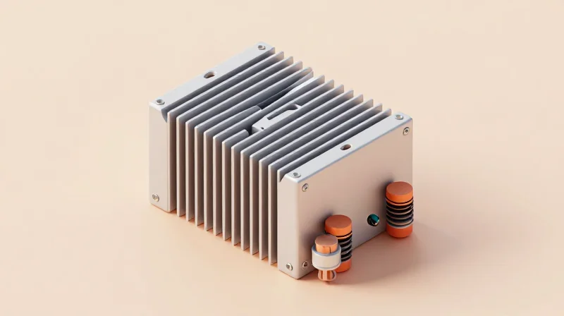 Thermal Management and Vibration Resistance Isometric 3D illustration showing a PCB with heat sinks and vibration damping modules in a modular structure.