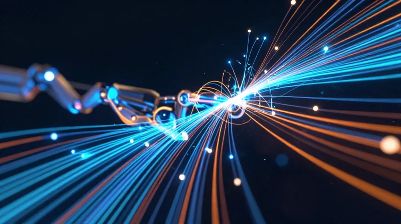 Streamlining Throughput via Predictive Maintenance Abstract representation of data flow and glowing nodes representing predictive monitoring in robotics.