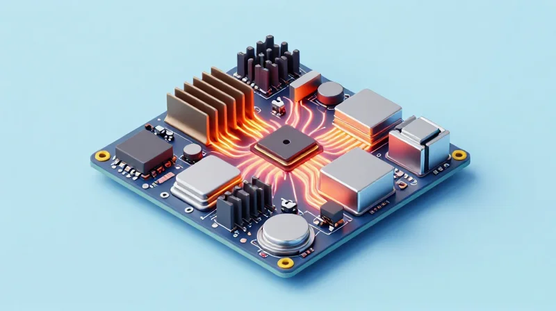 Advanced Thermal Management Strategies for Dense Assemblies Isometric view of a PCB highlighting thermal via structures and heat sinks.