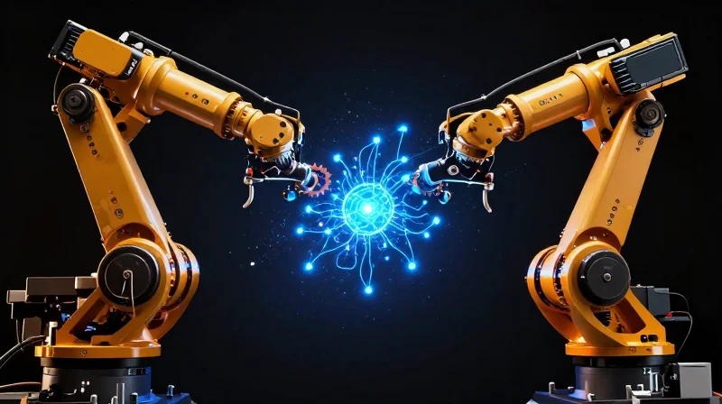 The Evolution of Industrial Robotic Controllers Abstract representation of the transition from traditional centralized mechanical systems to modern intelligent robotic architectures
