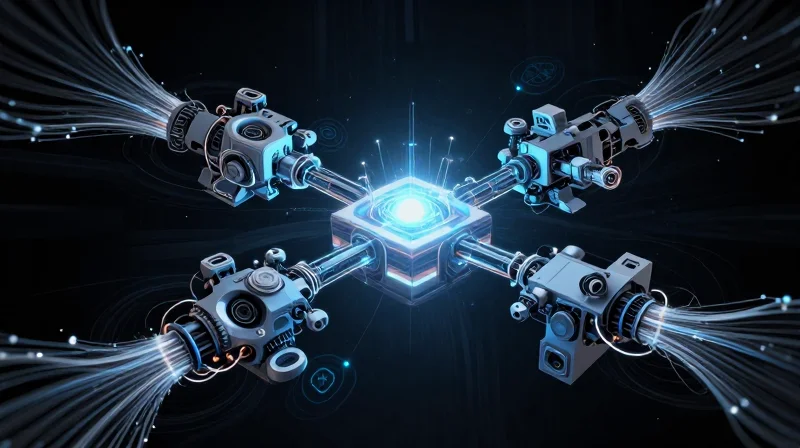 Future Outlook: The Modular Robotic Ecosystem Abstract conceptual visualization of a modular, plug-and-play intelligent robotic ecosystem