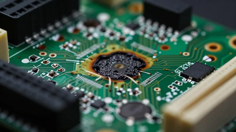 A close-up of a damaged circuit board showing signs of thermal stress and heat spots