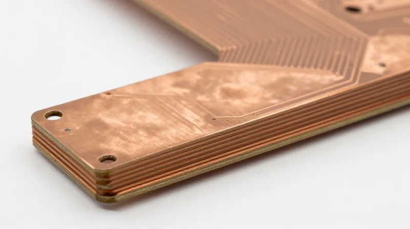 A high-resolution product shot of a thick copper PCB showing detailed heavy traces