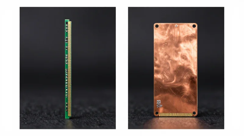 Side-by-side comparison of a standard thin PCB and a heavy copper PCB