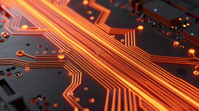 Thermal simulation of a thick copper PCB showing heat dissipation patterns across conductive traces.