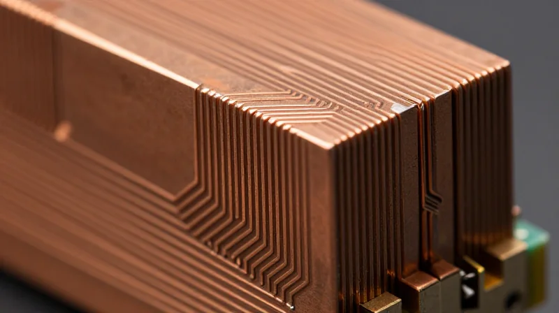 Close-up microscopic view of copper trace cross-sections showing etching geometry.
