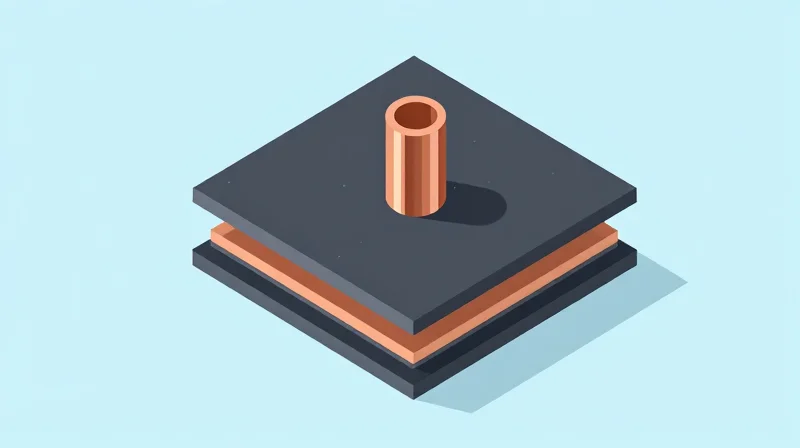 3D isometric view of a high-current via structure inside a thick PCB.