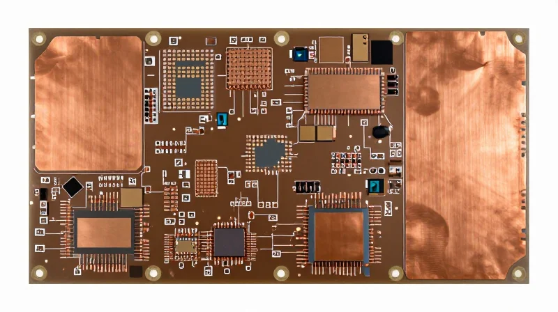 Top-down view of large copper heat-spreading pours on a printed circuit board.