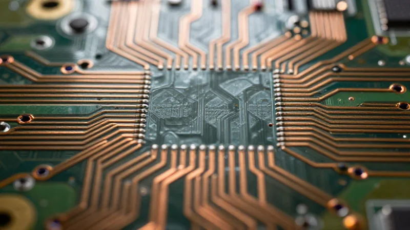 Side profile of a PCB surface showing solder mask coverage over heavy copper traces.