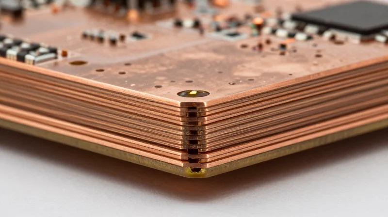 Macro view of heavy copper PCB layers showing distinct trace thickness