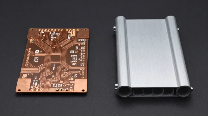 Side-by-side comparison of a thick copper circuit board and a metallic busbar