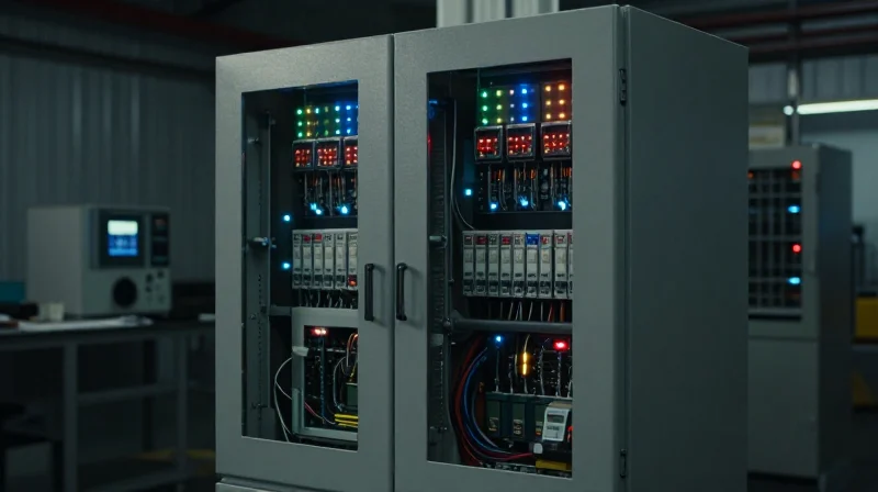 Understanding the High-Noise Industrial Environment A close up of a industrial programmable logic controller in a manufacturing facility with glowing electrical interference lines in the background