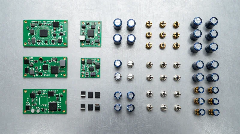 Component Selection for Enhanced EMI Robustness Collection of electronic components designed for EMI resistance on a workspace surface