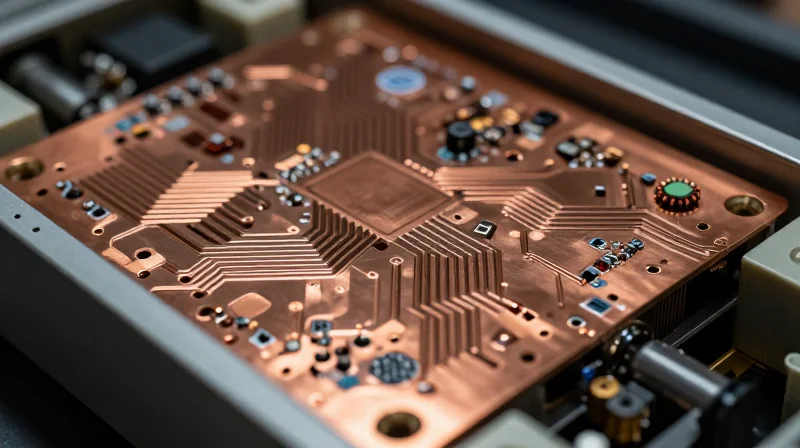 Understanding the Role of Heavy Copper in Renewable Energy A close-up of a high-power heavy copper PCB used in solar inverter systems, showcasing thick copper traces and robust electronic components.