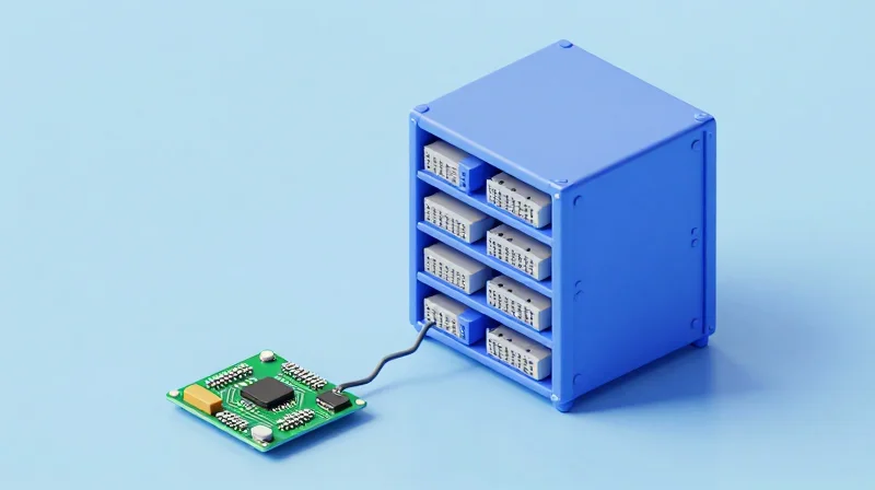 Prototyping to Mass Production Scalability Isometric view showing a small laboratory prototype scaling into a large industrial manufacturing rack.