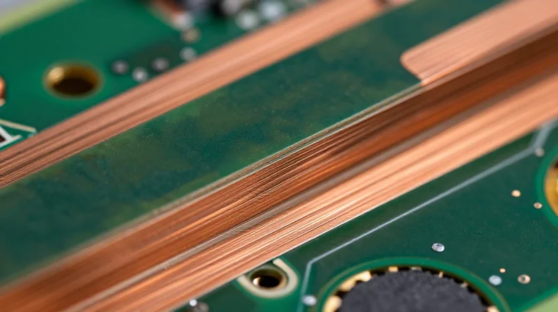 Understanding the Role of Heavy Copper in Power Electronics A close-up macro view of a heavy copper printed circuit board showing thick conductive traces and high-quality industrial design.