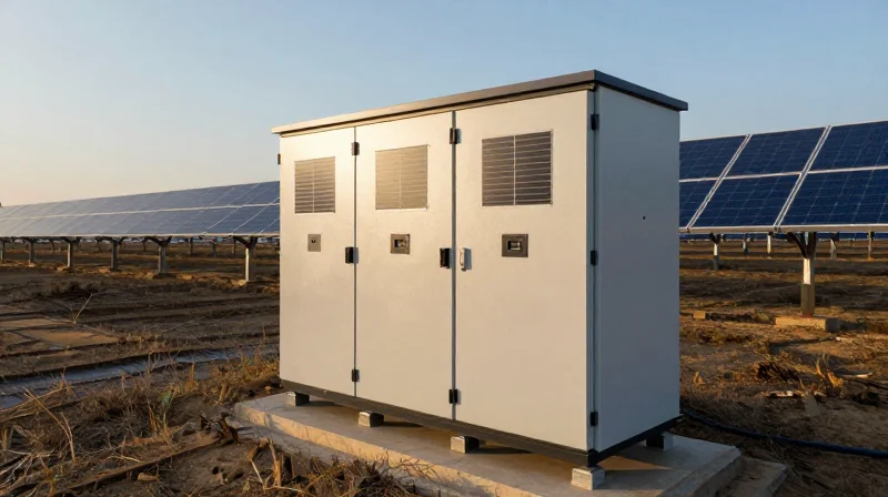 Real-World Case Study: Field Failure Reduction Analysis Photorealistic view of a utility-scale solar inverter installation in a clean landscape.